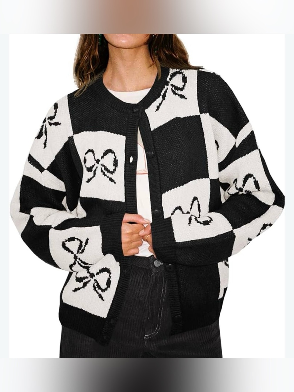 Amazon Black and White Bow-Print Cardigan Sweater